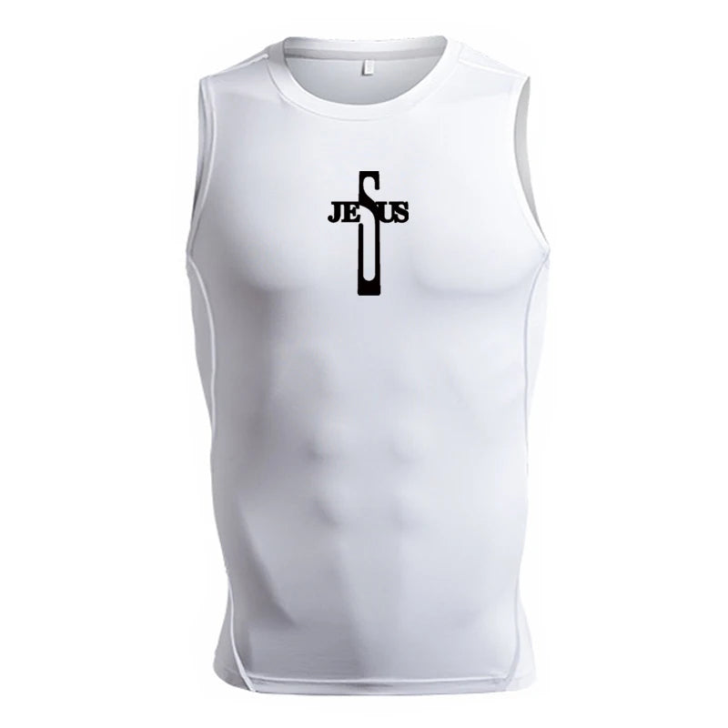 A Selection of Cross Print Sleeveless Compression Shirt for Men Christian Athletic Quick Dry Tank Tops Tees Gym Workout Running Vest Baselayers