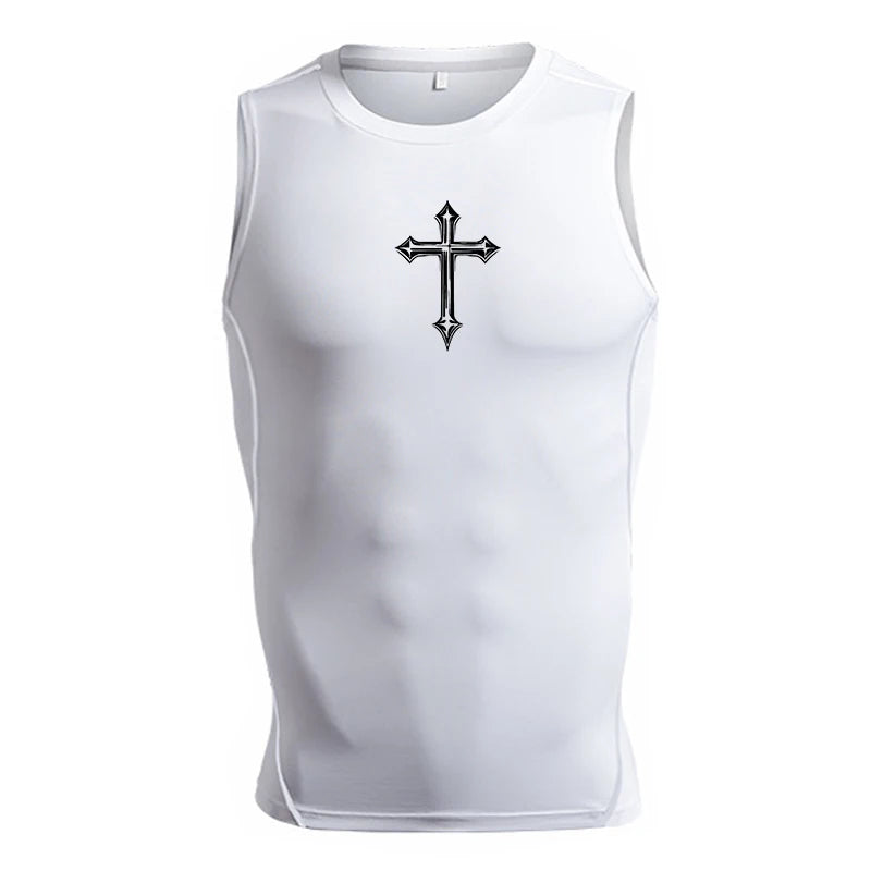 A Selection of Cross Print Sleeveless Compression Shirt for Men Christian Athletic Quick Dry Tank Tops Tees Gym Workout Running Vest Baselayers