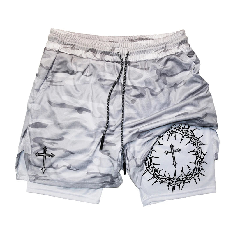 "Cross & Crown of Thorns" Print, 2 in 1 Workout Running Shorts for Men