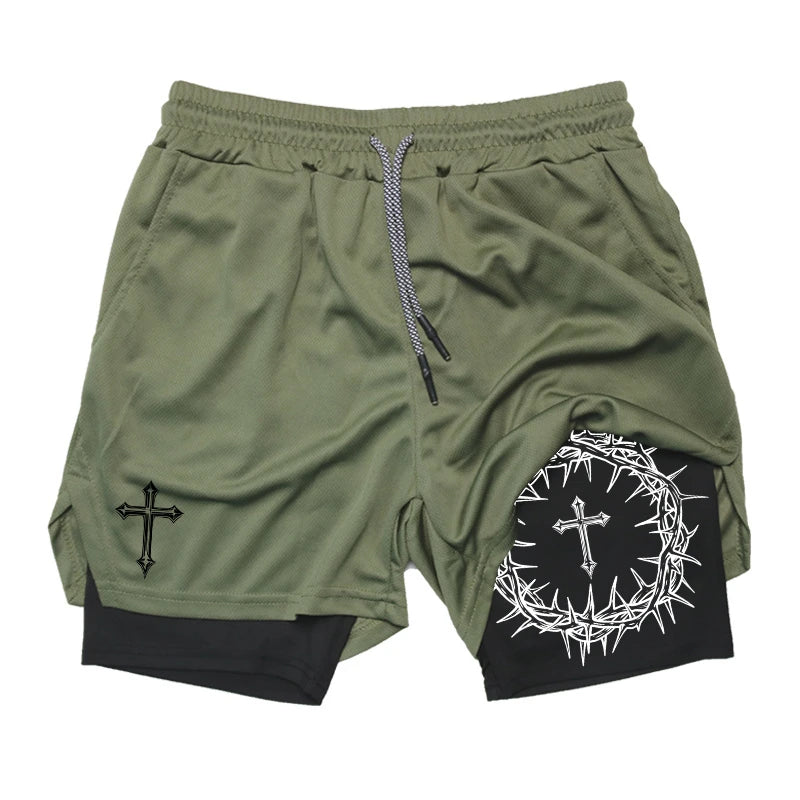 "Cross & Crown of Thorns" Print, 2 in 1 Workout Running Shorts for Men