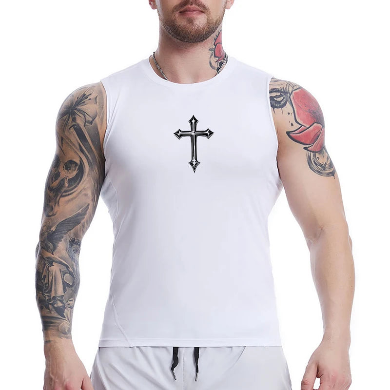 A Selection of Cross Print Sleeveless Compression Shirt for Men Christian Athletic Quick Dry Tank Tops Tees Gym Workout Running Vest Baselayers