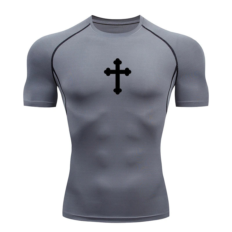 Good looking, "Cross" Print Compression Shirt for Men, [short and long sleeves]