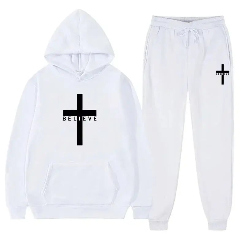 Unisex Fashion Printed Believe + cross Hooded Tracksuits (2 pcs)