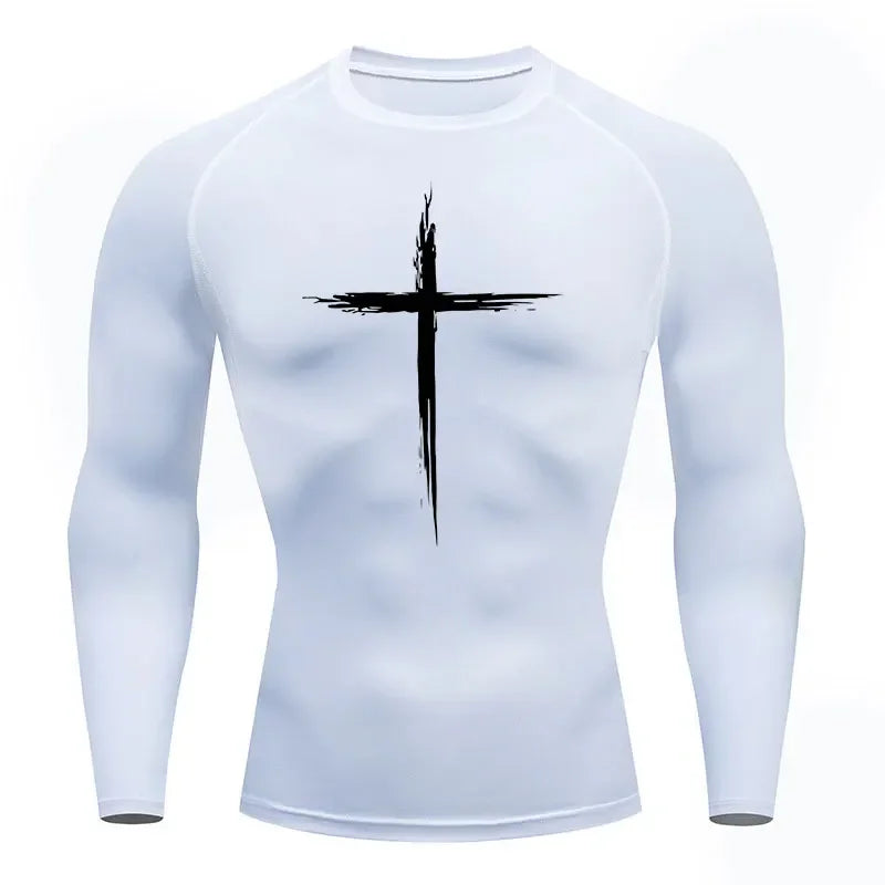 2024 Men's Quick Dry Cross Print Sportswear, Running Compression Shirt, Athletic Muscle Shirt, Gym Undershirt, Sport Tops S-3XL