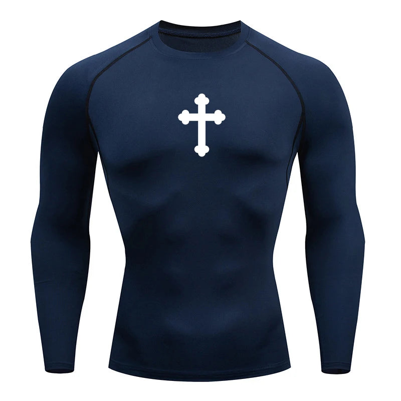 Good looking, "Cross" Print Compression Shirt for Men, [short and long sleeves]