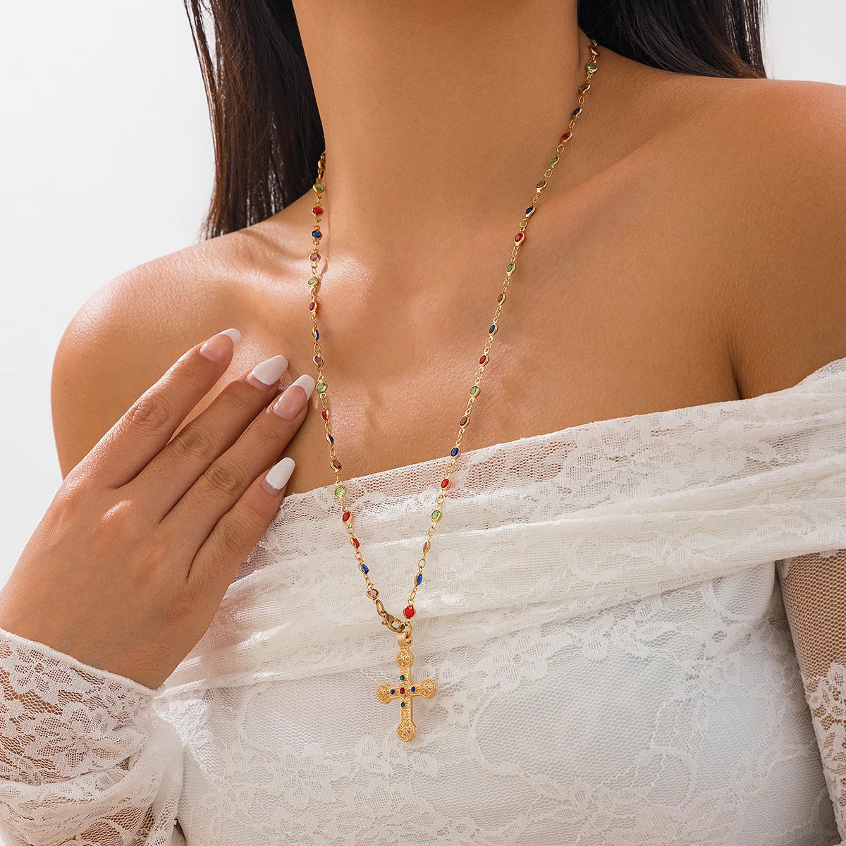 An Elegant, Cross Necklace for Women, with colorful chain