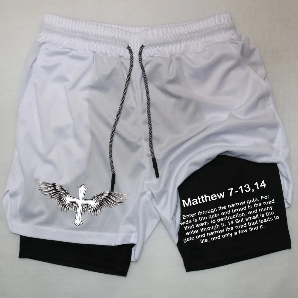 Men’s Performance Shorts, Adorned with Angel Cross and Bible Verse!