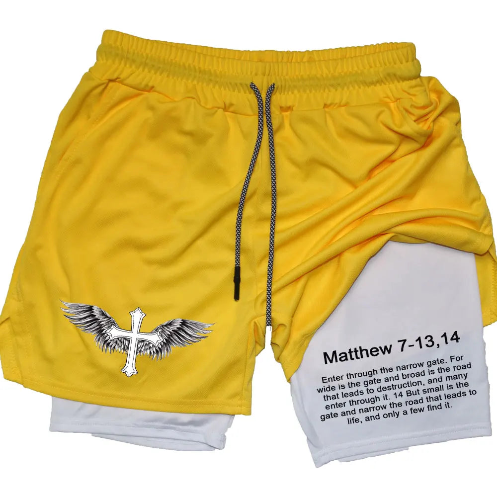 Men’s Performance Shorts, Adorned with Angel Cross and Bible Verse!