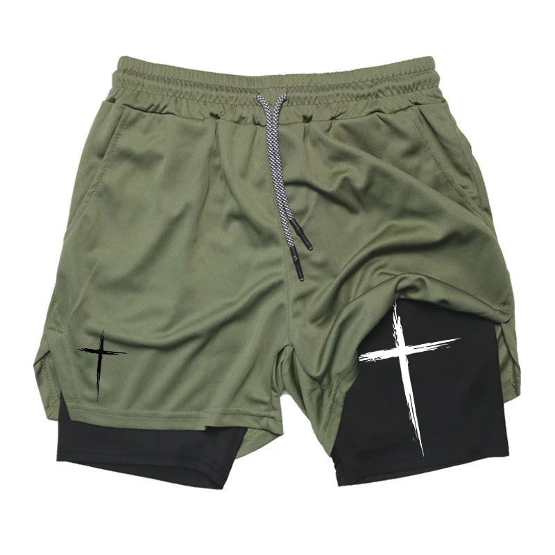 "Cross" Print, 2 in 1 Performance Shorts for Men