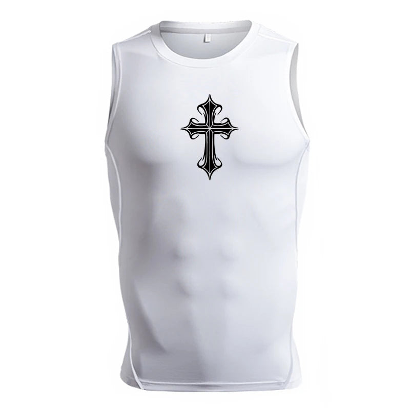 A Selection of Cross Print Sleeveless Compression Shirt for Men Christian Athletic Quick Dry Tank Tops Tees Gym Workout Running Vest Baselayers