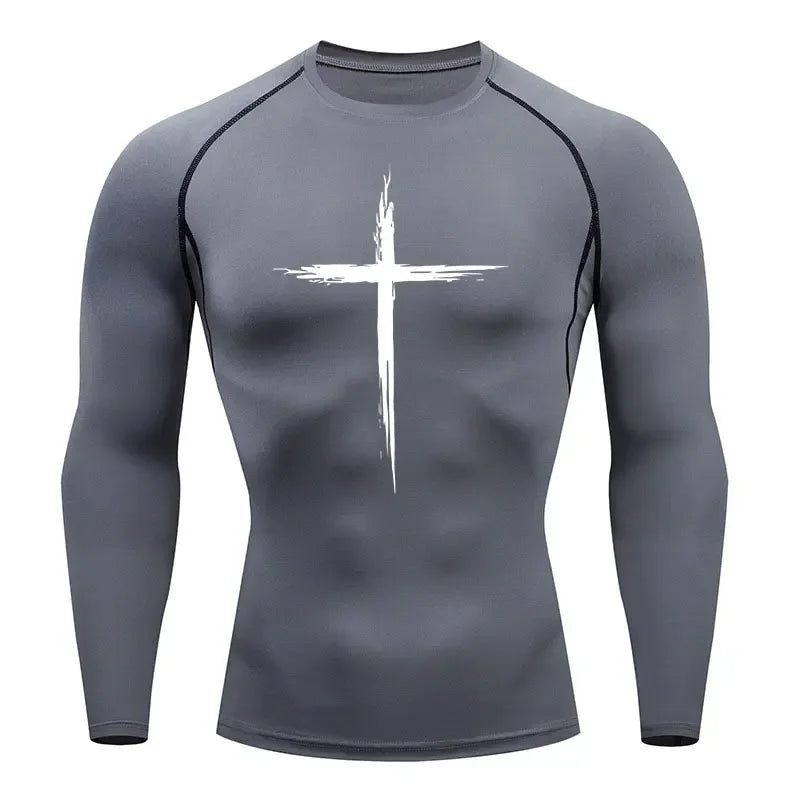 2024 Men's Quick Dry Cross Print Sportswear, Running Compression Shirt, Athletic Muscle Shirt, Gym Undershirt, Sport Tops S-3XL