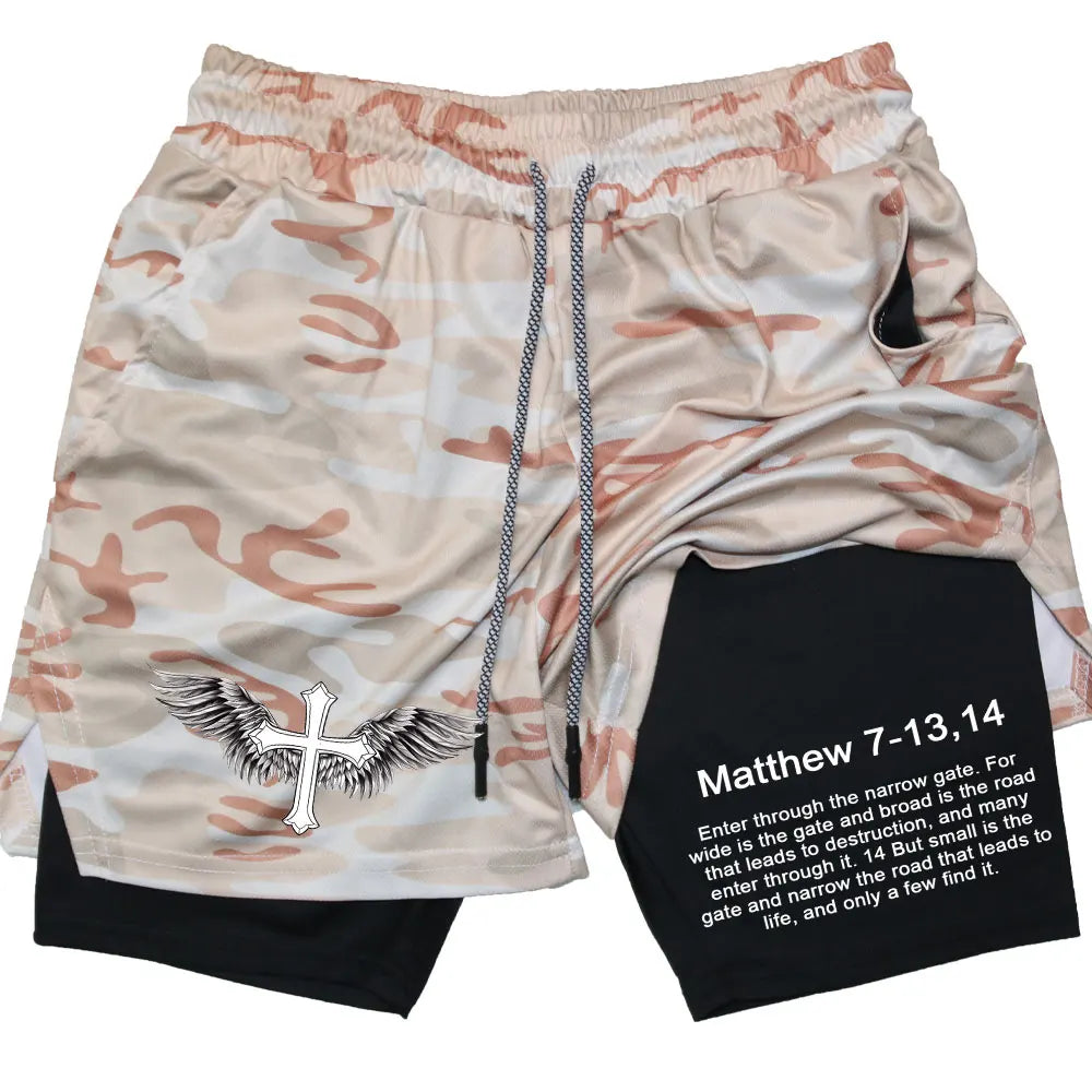 Men’s Performance Shorts, Adorned with Angel Cross and Bible Verse!