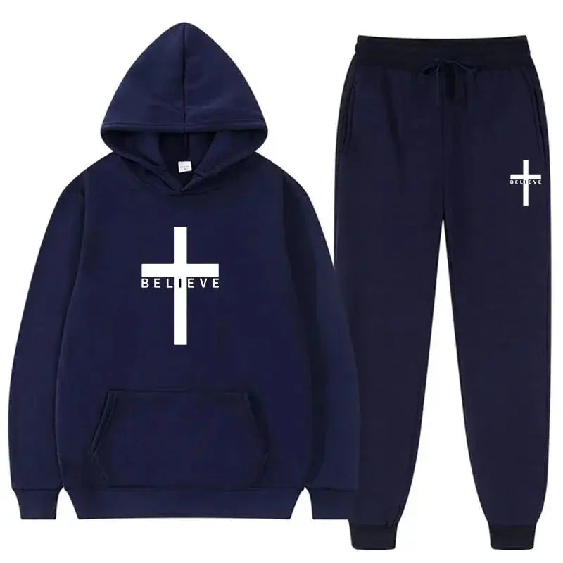 Unisex Fashion Printed Believe + cross Hooded Tracksuits (2 pcs)