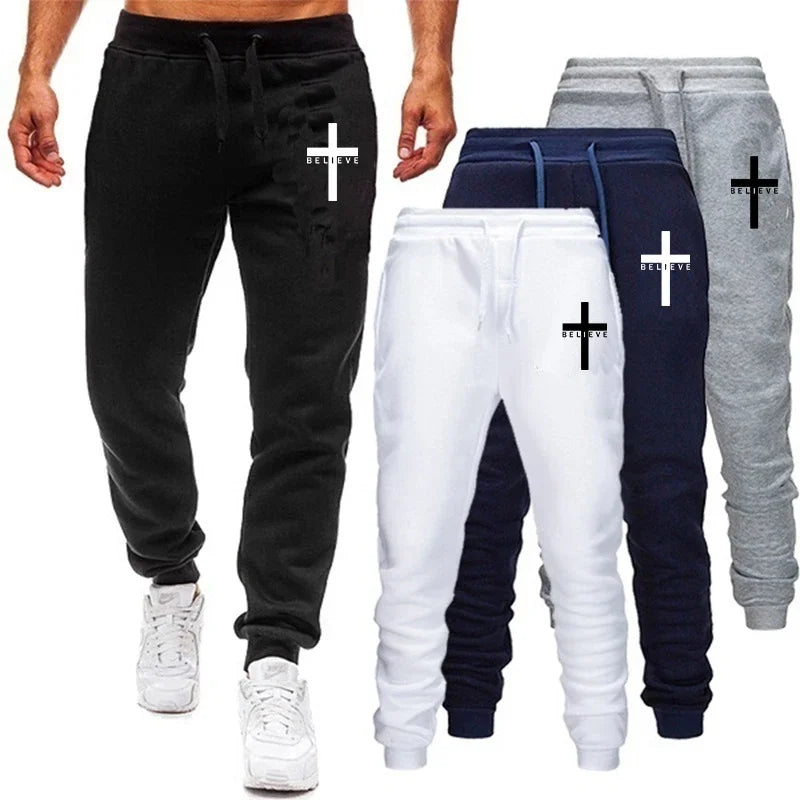 Men Pant 2024 Spring Autumn I believe in Christian Jesus Print Series Drawstring Casual Simple Loose Sports Jogging Pants