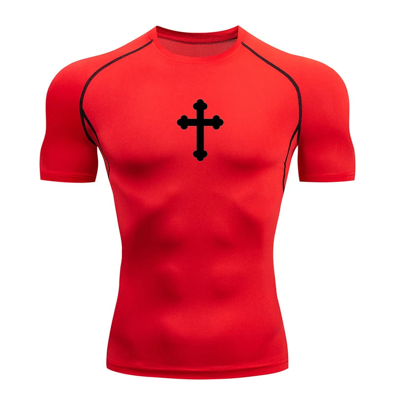 Good looking, "Cross" Print Compression Shirt for Men, [short and long sleeves]