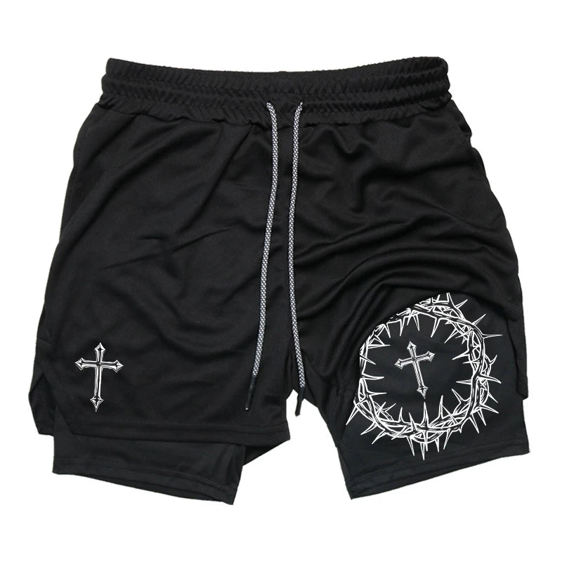 "Cross & Crown of Thorns" Print, 2 in 1 Workout Running Shorts for Men