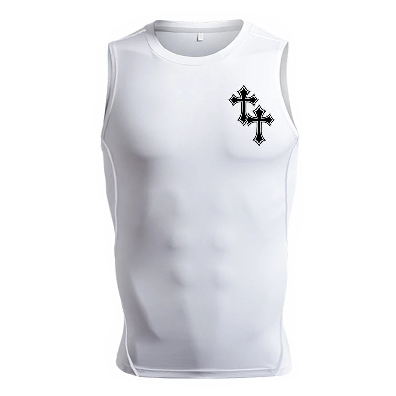 A Selection of Cross Print Sleeveless Compression Shirt for Men Christian Athletic Quick Dry Tank Tops Tees Gym Workout Running Vest Baselayers