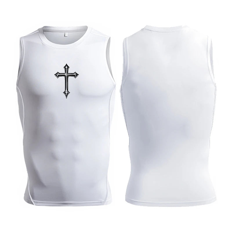 A Selection of Cross Print Sleeveless Compression Shirt for Men Christian Athletic Quick Dry Tank Tops Tees Gym Workout Running Vest Baselayers