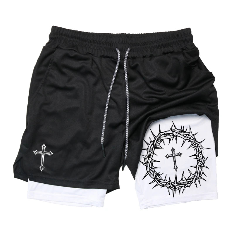 "Cross & Crown of Thorns" Print, 2 in 1 Workout Running Shorts for Men