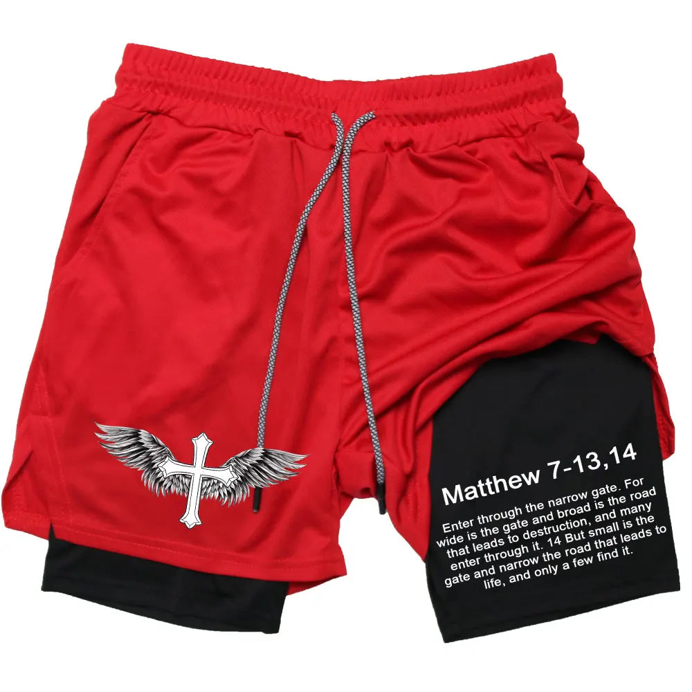 Men’s Performance Shorts, Adorned with Angel Cross and Bible Verse!