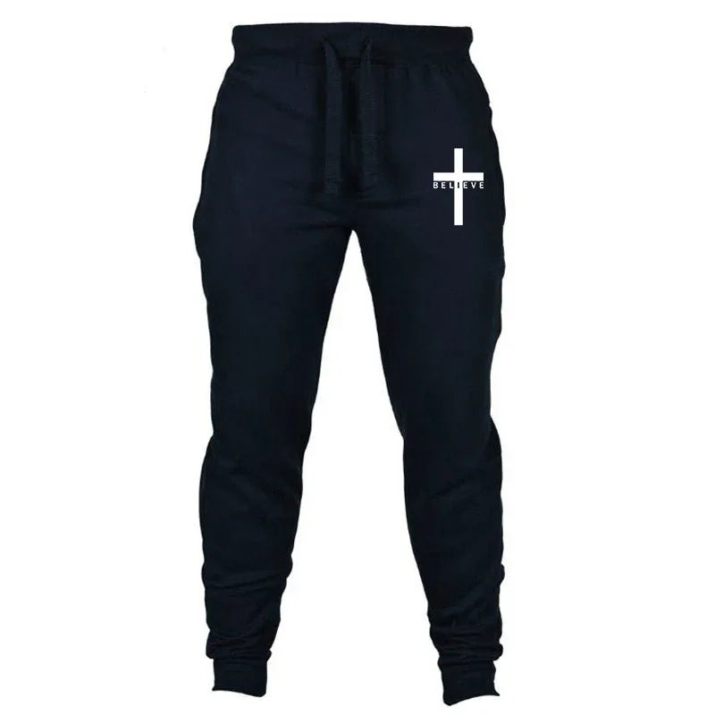 Men Pant 2024 Spring Autumn I believe in Christian Jesus Print Series Drawstring Casual Simple Loose Sports Jogging Pants