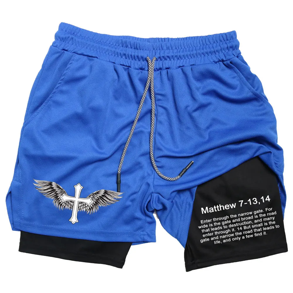 Men’s Performance Shorts, Adorned with Angel Cross and Bible Verse!