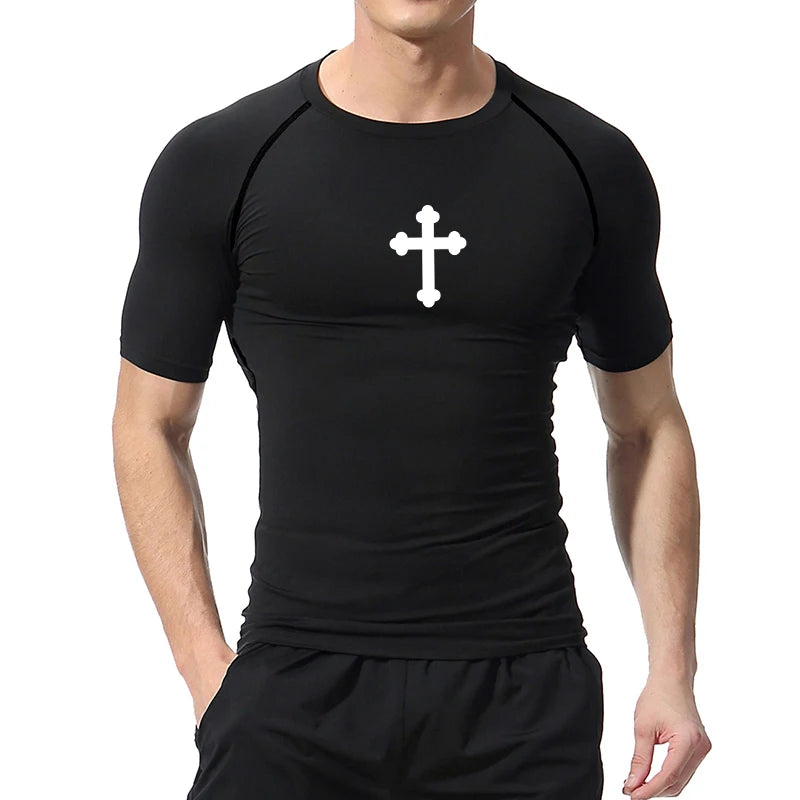 Good looking, "Cross" Print Compression Shirt for Men, [short and long sleeves]