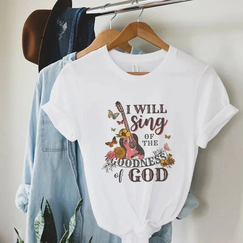 Women Vintage Boho Guitar Print Gospel Music T-Shirts Bible Verse God Worship Tshirt Religious Faith Retro Tee Shirt Apparel