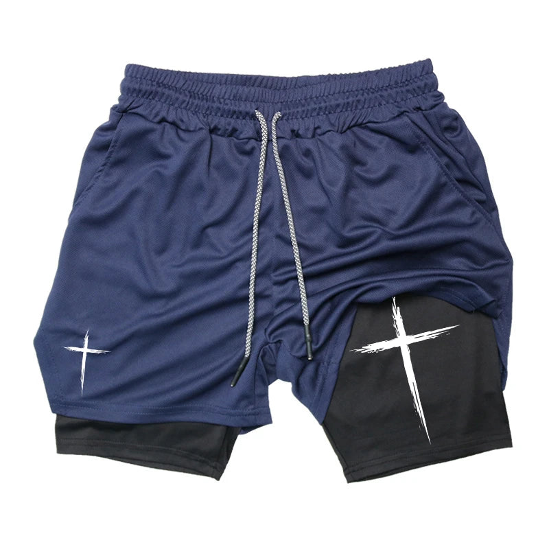 "Cross" Print, 2 in 1 Performance Shorts for Men