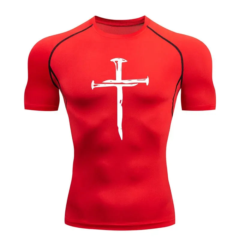 2024 Men's Quick Dry Cross Print Sportswear, Running Compression Shirt, Athletic Muscle Shirt, Gym Undershirt, Sport Tops S-3XL