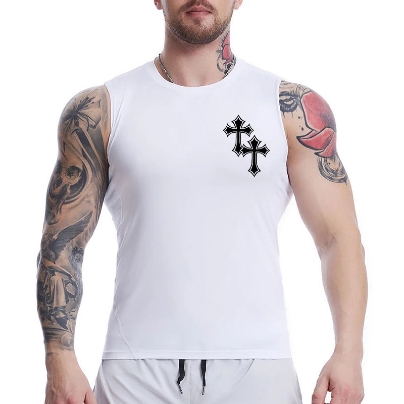 A Selection of Cross Print Sleeveless Compression Shirt for Men Christian Athletic Quick Dry Tank Tops Tees Gym Workout Running Vest Baselayers