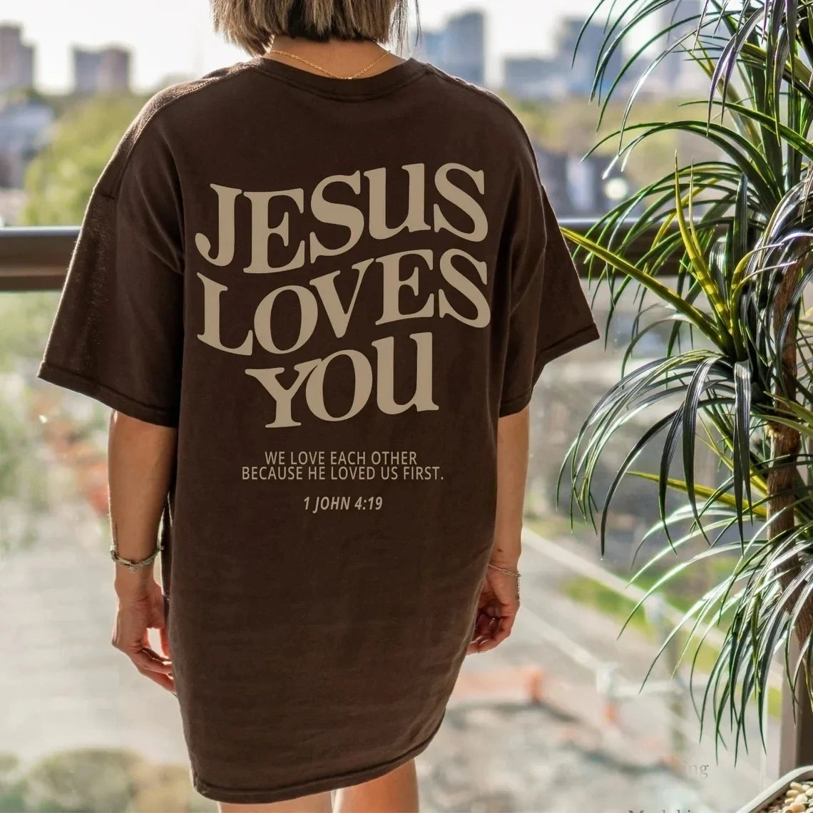 Jesus Loves You Christian Oversized T-Shirt we love each other Loose Tee Women Trendy Casual cotton Aesthetic Top