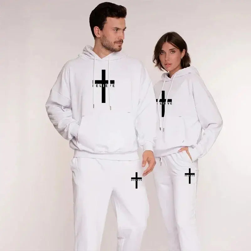 Unisex Fashion Printed Believe + cross Hooded Tracksuits (2 pcs)