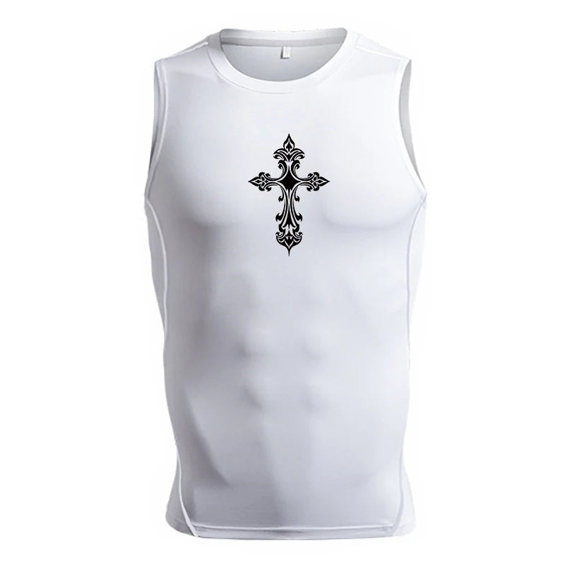 A Selection of Cross Print Sleeveless Compression Shirt for Men Christian Athletic Quick Dry Tank Tops Tees Gym Workout Running Vest Baselayers