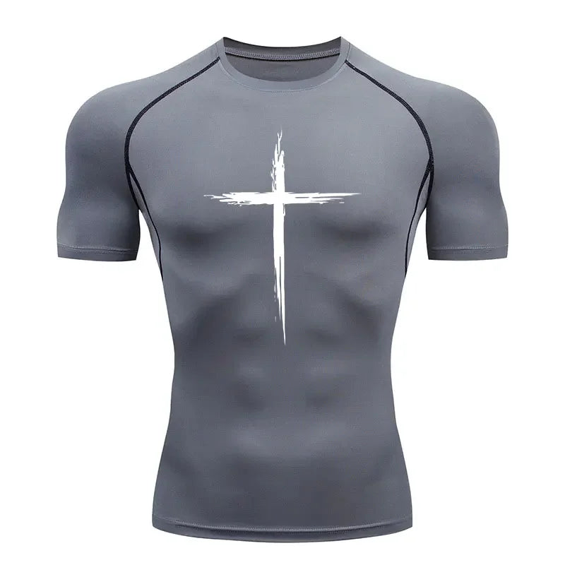 2024 Men's Quick Dry Cross Print Sportswear, Running Compression Shirt, Athletic Muscle Shirt, Gym Undershirt, Sport Tops S-3XL