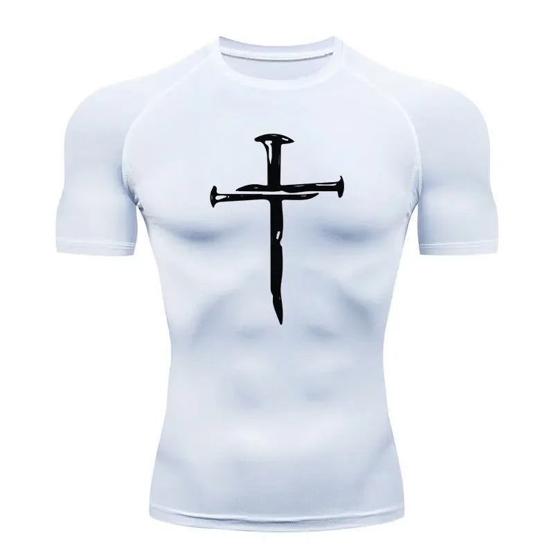 2024 Men's Quick Dry Cross Print Sportswear, Running Compression Shirt, Athletic Muscle Shirt, Gym Undershirt, Sport Tops S-3XL