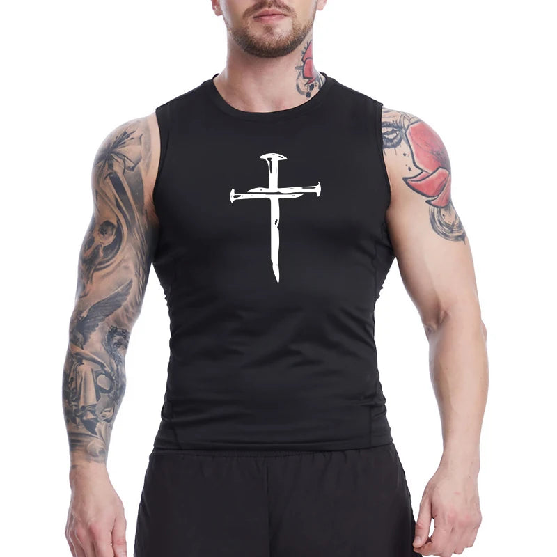 A Selection of Cross Print Sleeveless Compression Shirt for Men Christian Athletic Quick Dry Tank Tops Tees Gym Workout Running Vest Baselayers