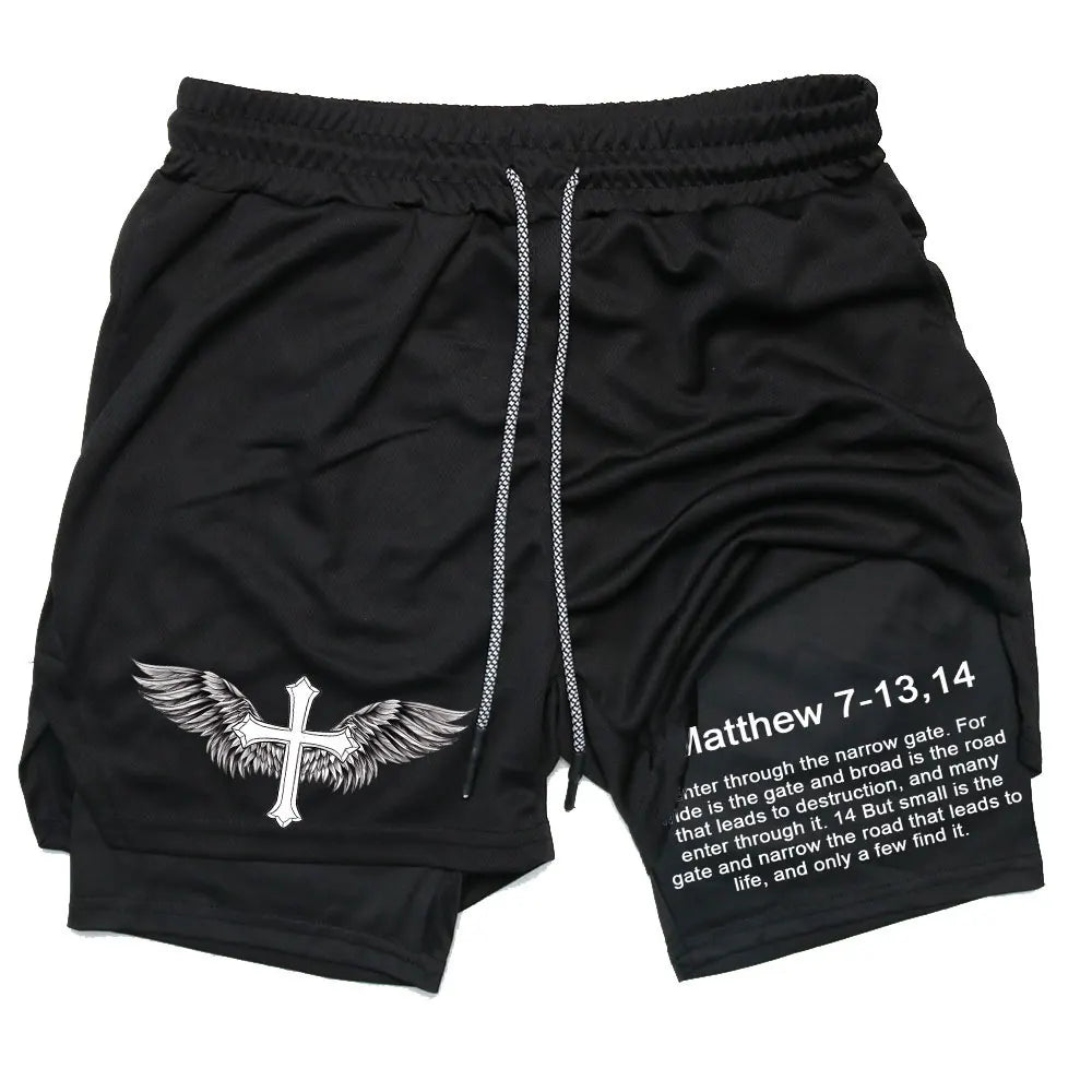 Men’s Performance Shorts, Adorned with Angel Cross and Bible Verse!